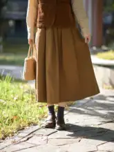 レトロな文芸風のウエストゴム百褶スカート【起毛コットン・中長丈・アカデミックスタイル】（セットアップ対応）