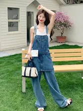 ブルーのデニムサロペットパンツ【カジュアルデザイン・女性用・長ズボン】（セットアップ対応）