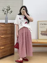 チェック柄ハイウエストAラインスカート【夏用・ゆったりサイズ・スリットデザイン】（セットアップ対応）