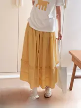 フランス風のイエロープリーツハイウエストマキシスカート【夏用・Aライン・ウエストゴム】