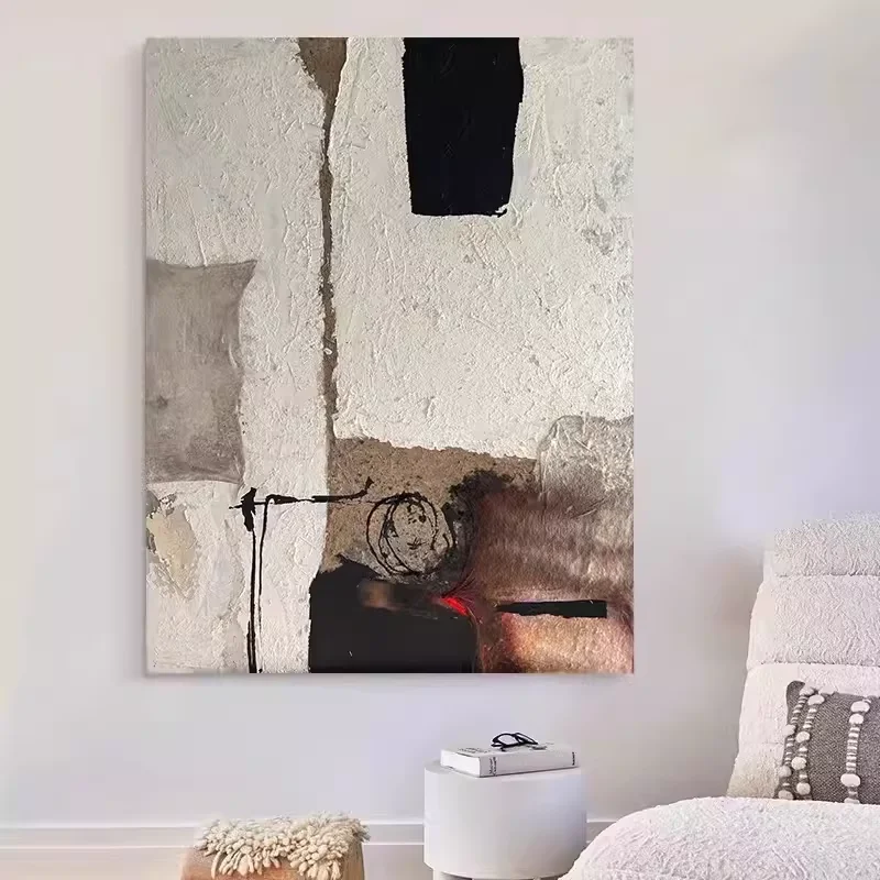 シンプルで抽象的なデザインの手描き立体油彩画：3Dオブジェクトとしての空間的視覚効果と実際の設置シーン
