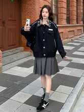 長袖カレッジスタイルのカートゥーンプリントジャケット【春秋用・ネイビー・ショート丈】