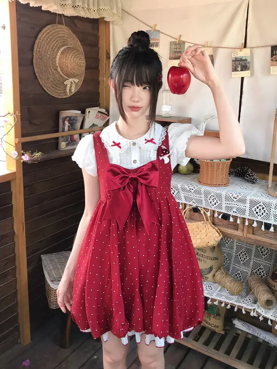 可愛いマシュマロデザインの赤いドットワンピース【学生用・ブラウス付き・フラワーバッドスタイル】（セットアップ対応）