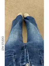 レトロブルー ハイウエスト ポケット付き フレアデニムパンツ【女性用・スリム効果・秋用・トレンド】