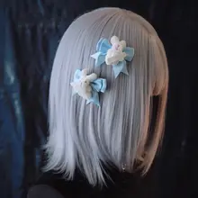 手作りもふもふウサギのリボンヘアクリップ【ブルー・ホワイト・ユニークデザイン】