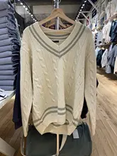 ツイスト編みVネックカラーブロックニットセーター【秋冬用・ゆったりシルエット・アカデミックスタイル】