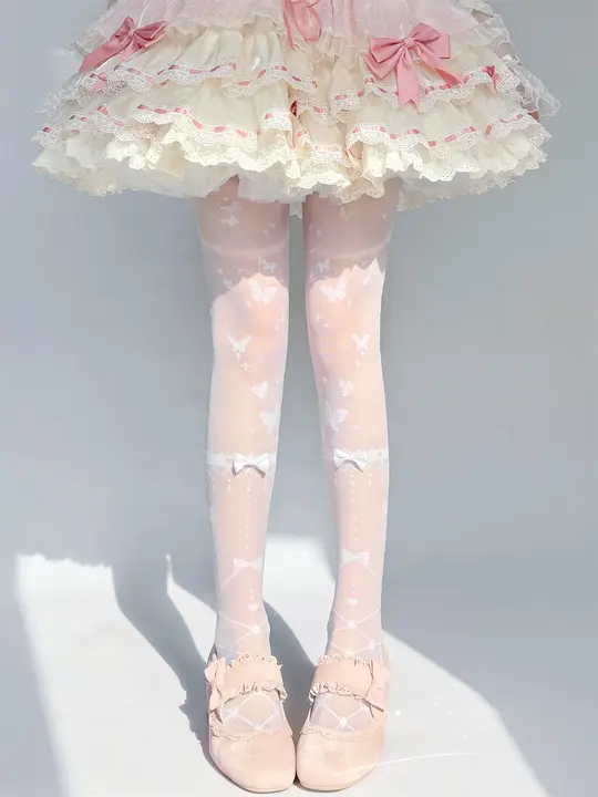可愛い蝶結びデザインのロリータ風白色タイツ【花柄・浮光蝶舞】