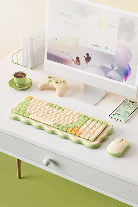 抹茶風デザインの無線キーボード＆マウス【充電式・女性向け・ノートパソコン用】（セットアップ対応）