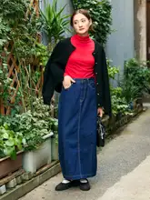 高腰デニムマキシスカート【洗い加工・ストレート・リボン付き・秋用】