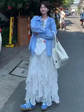 春の白いレースハイウエストAラインスカート【フリルデザイン・不規則なシルエット】