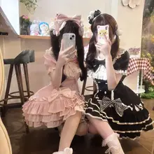 黒とピンクのストライプの千層ロリータケーキスカート【可愛いプリンセスデザイン・短袖・春夏用】