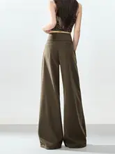 ゆったりとしたコーヒーグリーンのワイドパンツ【レディース・ハイウエスト・上品なドレープ感】（セットアップ対応）