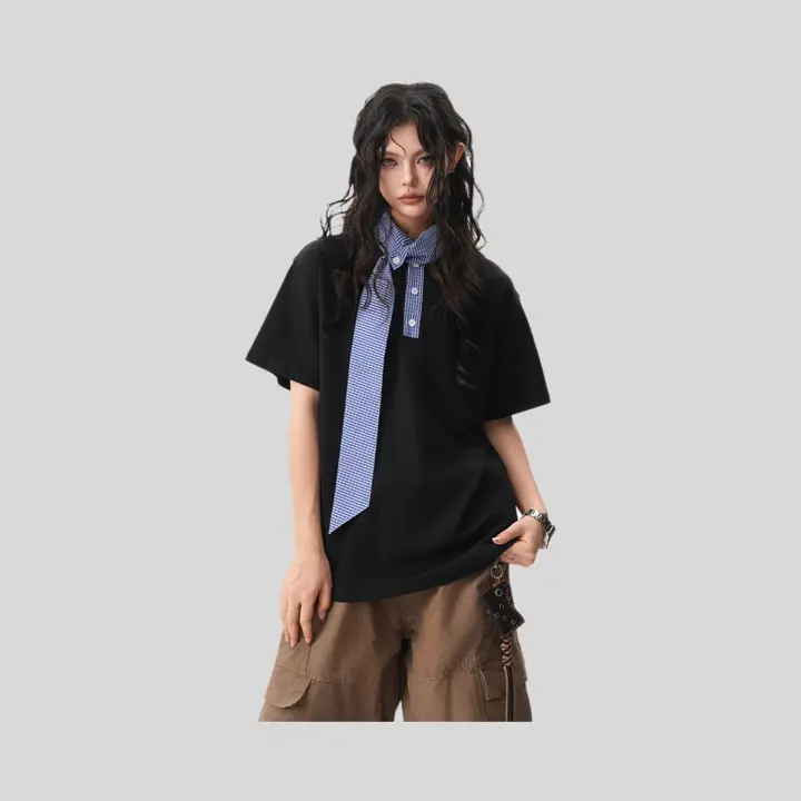 海洋テーマのチェック柄クルーネックショートスリーブカップルTシャツ【ゆったりしたデザイン・カジュアルスタイル】（セットアップ対応）