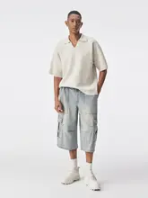 水洗い加工のデニムショートパンツ【メンズ・夏用・ルーズフィット・ワークスタイル】（ セットアップ対応）