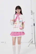 かわいいクマプリントのオーバーサイズTシャツ【粉色チェックのネクタイ付き・短袖】
