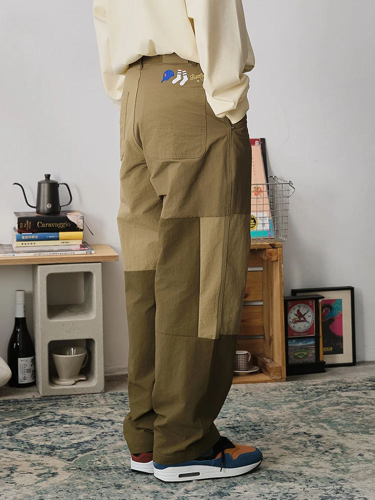 刺繍入り切り替えデザインのワイドストレートパンツ【カジュアル・アメリカンレトロ・作業用】