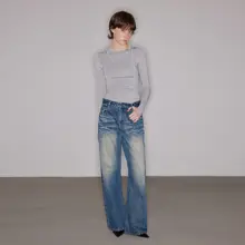 ヴィンテージ風 立体感のある猫ひげデザイン 水洗いデニムパンツ【女性用・ストレート・秋冬用】