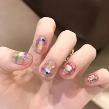 星柄手描きチェックの高級感ある短丈ネイル【カラフル・手作り・猫眼効果】