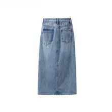 サイドスリットデニムハイウエストAラインスカート【ブルー・ヴィンテージ風】（セットアップ対応）