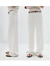 シンプルな通勤用 ワイドレッグデニムパンツ【極上の柔らかさ・ストレート・長丈】