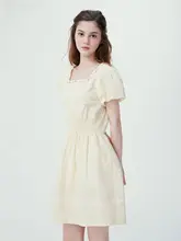 フレンチスタイルの方形ネック 半袖シフォンワンピース【ウエストマーク・短丈・夏用】（セットアップ対応）
