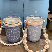 保温杯用編み花デザインカップストラップ【粉色・ブルー・手提げ対応】
