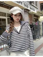 ストライプ長袖ニットセーター【秋冬用・保温性・重ね着風デザイン】（セットアップ対応）