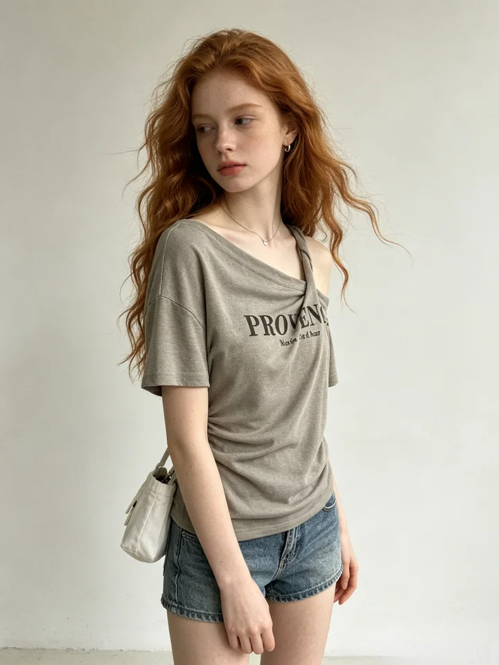 トップス レディース 半袖Tシャツ ヴィンテージ ワンショルダー アメリカン風 甘辛MIX ウエストシェイプ 着痩せ ショート丈 プリント きれいめ 夏