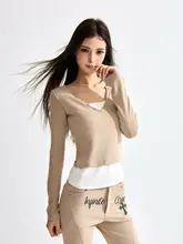 春季カジュアルレイヤード風デザインの長袖Tシャツ【ウエストシェイプ・コントラスト カラー】（セットアップ対応）