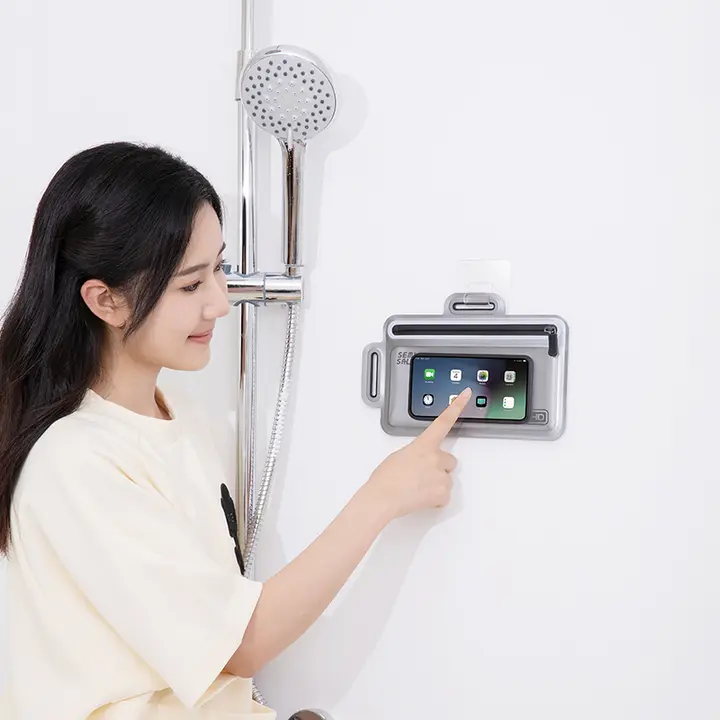浴室用防水スマホホルダー【壁掛けタイプ・穴あけ不要・シャワー用】