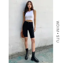 薄手ブラックデニムハーフパンツ【タイトフィット・ハイウエスト・サイクリング用】