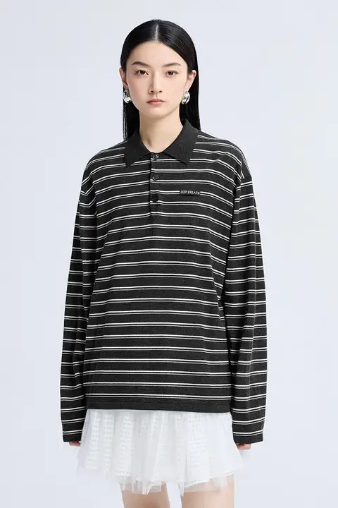 100%ウール ポロ襟ストライプ長袖ニットトップス