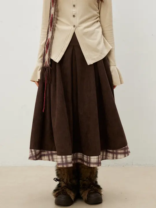 コーヒー色のスエード風プリーツスカート【ゆったりシルエット・レトロ風・秋冬用】