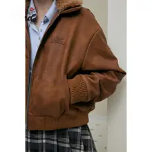 秋の日を感じる！アメリカンレトロデザインのコーヒーカラー毛襟付きキルティングジャケット【ドロップショルダー】