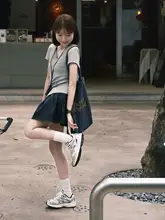 学院風 藏青色 ハイウエスト ミニスカート【プリーツ デザイン・Aライン・防走光】（セットアップ対応）