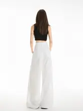 極上の柔らかさのアイスシルクデニムパンツ【白色・ハイウエスト・ゆったり・体型カバー】（セットアップ対応）