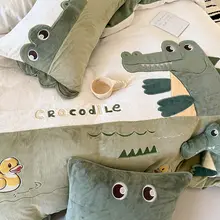 子供用カートゥーンデザインのミルクベルベット四点寝具【コーラルベルベット・アリゲーターダック刺繍・男の子向け】（セットアップ対応）