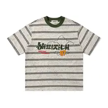 夏用タオル刺繍入りストライプ半袖Tシャツ【カジュアル・ユニセックス・ラウンドネック】（セットアップ対応）