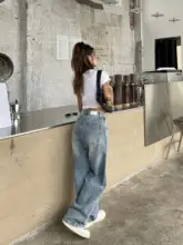 ヴィンテージ風 レディースワイドレッグデニムパンツ【ゆったりタイプ・ブルー・ロング丈】