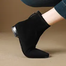 スエード羊皮の低ヒールショートブーツ【女性用・ブラック・シンプルデザイン・秋冬用】