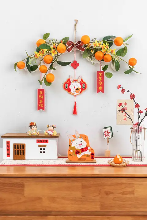 オレンジのビーズ 玄関リビング 装飾花 大吉 新年 壁面装飾