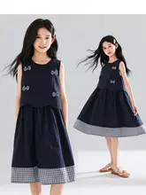 学院風リボン付きチェック柄中長丈ドレス【ネイビー・子供用】（セットアップ対応）