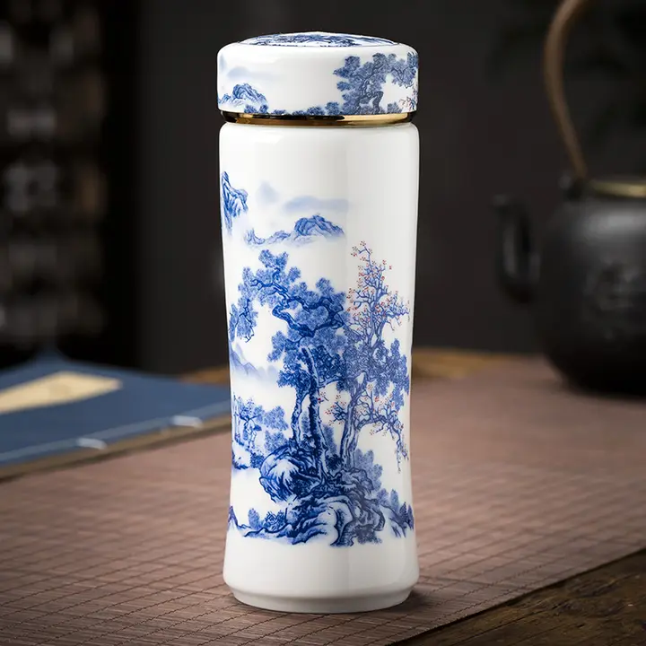 500ml 大型二重層式陶器マグカップ【青花瓷・オフィス用・ギフト対応】