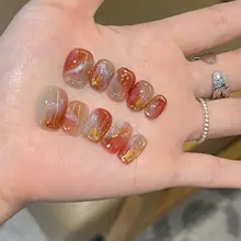 高級感ある手作りネイルチップ【秋冬向け・琥珀風・短めデザイン】