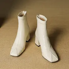 フランス風レトロエラスティックブーツ【ソフトレザー・ハイヒール・太ヒール・ショー トブーツ・ミルクホワイト】