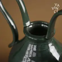 高級感のあるダークグリーン陶器製小花瓶【フレンチスタイル・ダブルハンドル・インテリア装飾用】