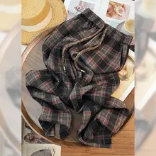 冬用 レディース ワイドレッグパンツ【抽紐デザイン・チェック柄・極上の柔らかさ】（セットアップ対応）