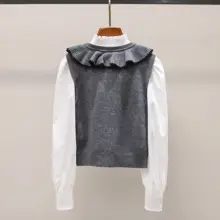 冬季復古デザインの立襟フリルニットシャツ【レイヤード風】