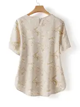 杭州製真丝 夏用プリントTシャツ【女性用・丸首・短袖】