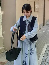 学院風 ブルー刺繍リボン付きシャツとフレアスカート【秋用・ベスト付き】（セットアップ対応）